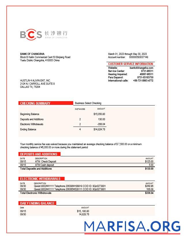 Blank Bank of Changsha enterprise statement Word and PDF template